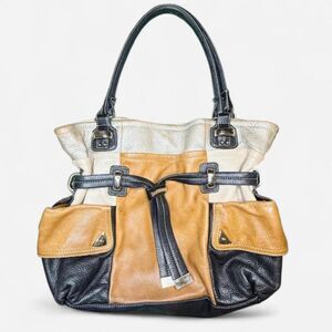 Vintage B. Makowsky Colorblock Leather Satchel Bag in Black Tan Cream & Silver